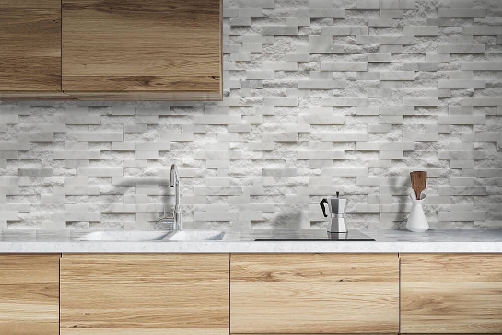Bianco Ibiza Veneer white marble wall with soft gray veining in a modern living space