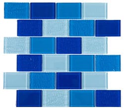 Sardinia Glass Mosaic tile from Stoneline Group, featuring a vibrant mix of blue and white tones in a 2x3 subway pattern, ideal for modern interiors, pools, and kitchen backsplashes