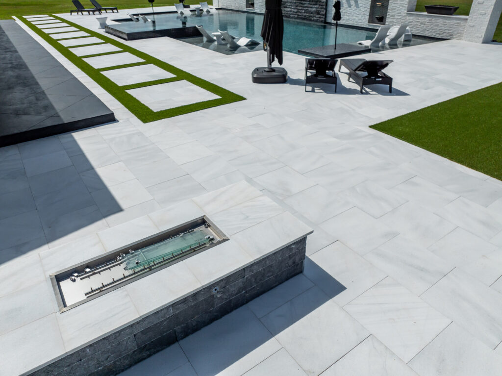 Pasha White Leathered Paver  Dolomite 3D honed  Hawaii 1x3 and 2x6  Nero Marquina splitface plank